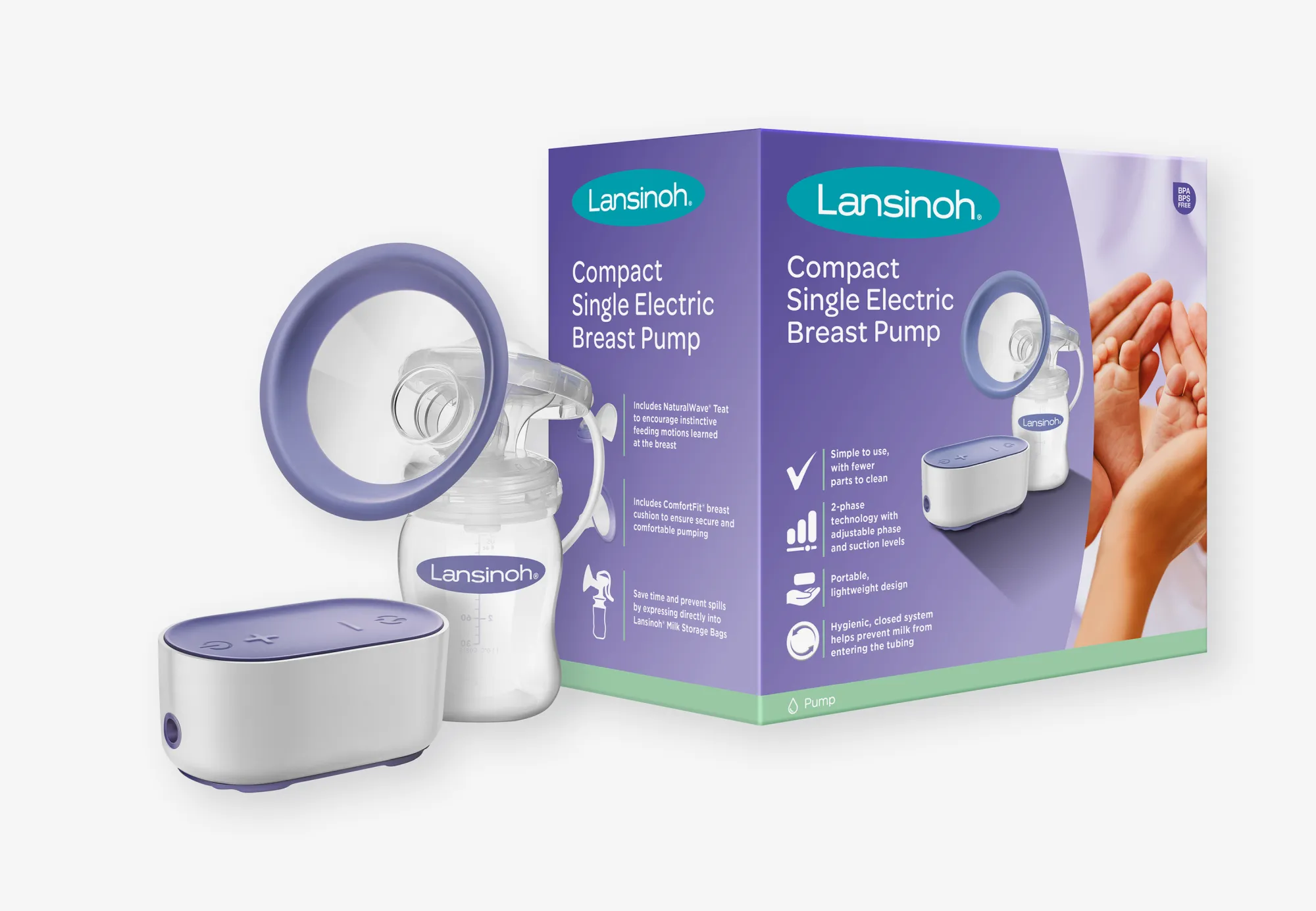 compact single electric breast pump product next to packaging